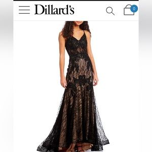 Dillards Exclusive Black/Nude V-Neck Lace-Up Back Embroidered Lace Mermaid Gown
